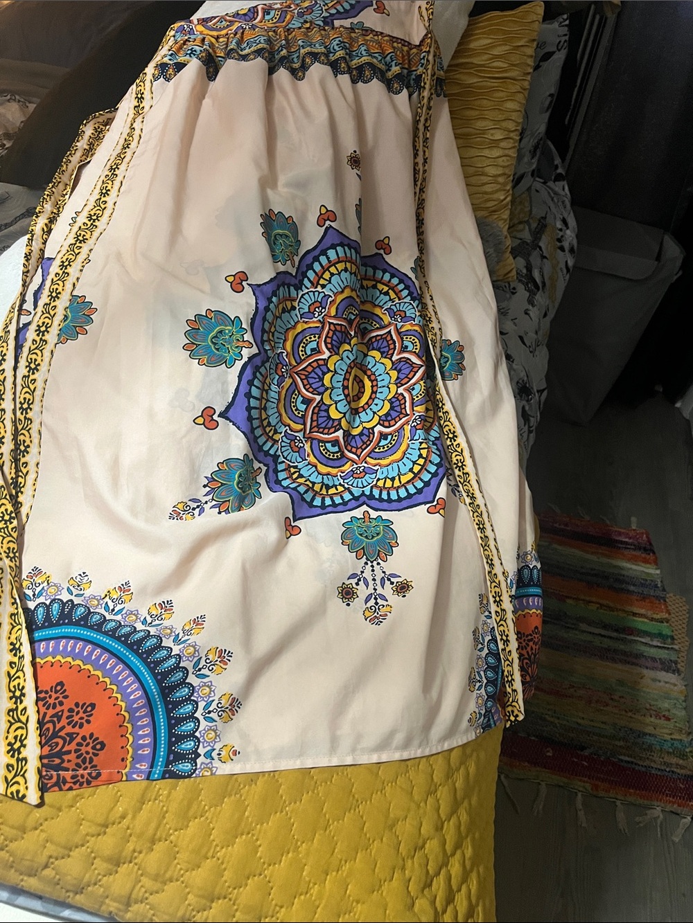 Truth Cream Skirt with Blue, Teal, Yellow and Orange Medallion Print